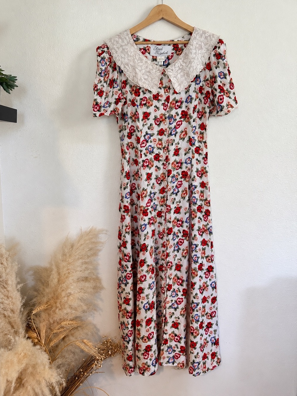 Vintage 80s 90s Sarah Elizabeth Floral Maxi Dress Pearl Lace Collar Size 4
